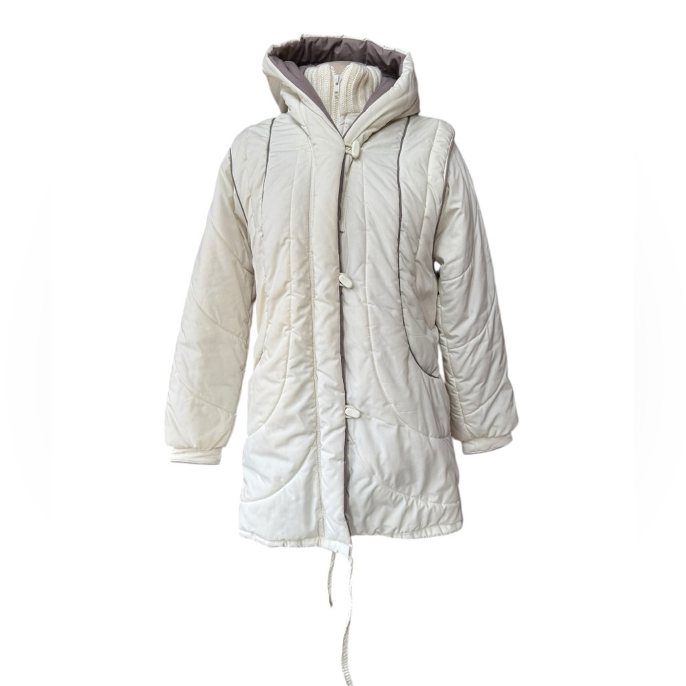 1970s/80s Amazon Sportswear Off White Mid-Length Hooded Quilted Puffer Coat